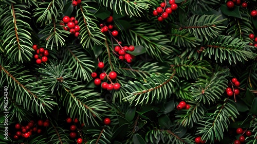 Festive Display of Fir Branches, Red Berries as Christmas Wallpaper