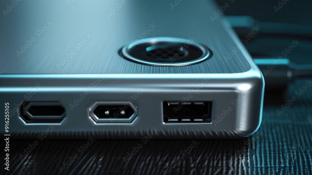 Close-up of laptop ports and cooling vent on metallic surface Close-up of laptop ports and cooling vent on metallic surface