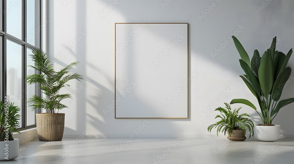 Minimalist white poster mockup hung on a clean white wall, with soft natural light