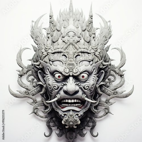 Intricate White Stone Sculpture of a Ferocious Face with Red Eyes.