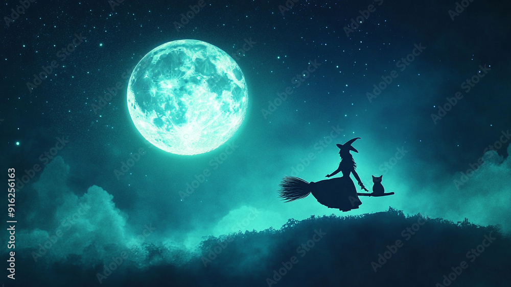 Naklejka premium Mystical Aztec Witch on Broom with Black Cat