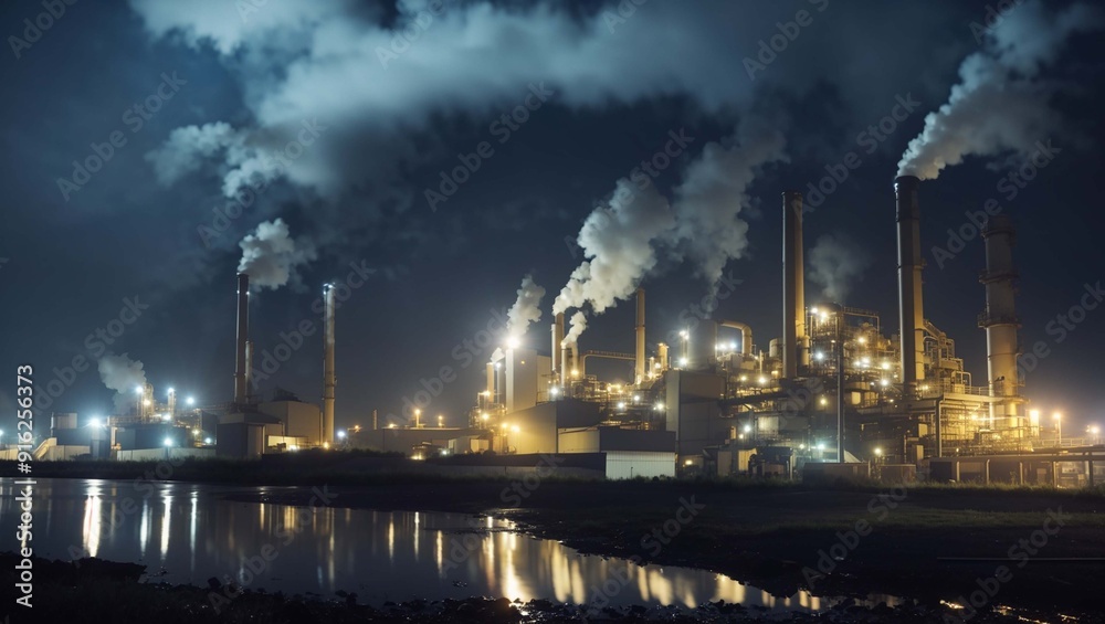 nighttime image of a large industrial complex with tall smokestacks emitting smoke, reflected in a body of water. nighttime image of a large industrial complex with tall smokestacks emitting smoke, reflected in a body of water.