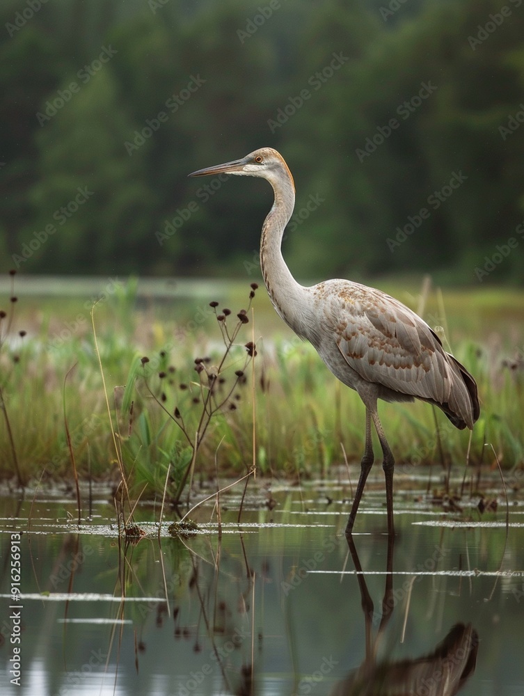 Naklejka premium Elegant Sandhill Crane in Serene Wetland Habitat