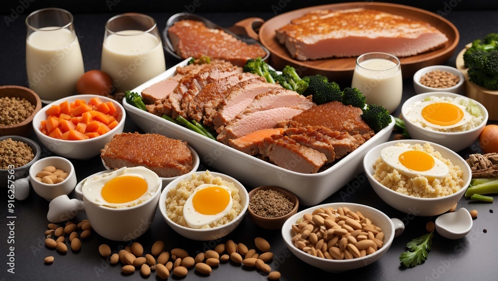 a plate with a variety of foods, including salmon, an egg, rice, vegetables, nuts, and fruit.
