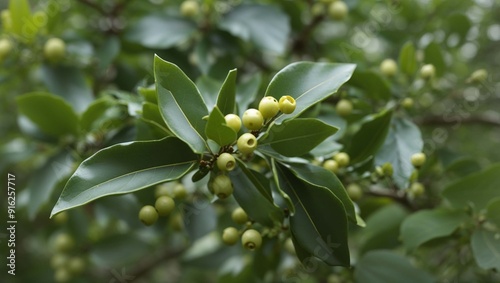  a leafy green bush with small clusters of white flowers.