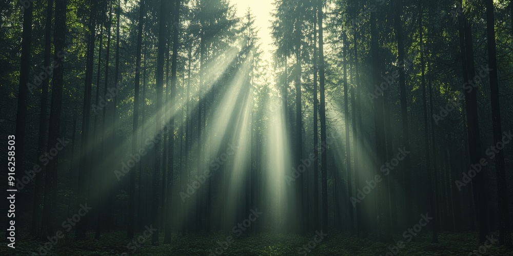 Naklejka premium A mystical forest scene with gentle beams of sunlight streaming through the leaves, creating an atmosphere that encourages tranquility and contemplation.