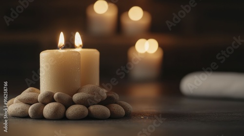 A soothing atmosphere created by the soft golden light of candles illuminating a peaceful meditation room