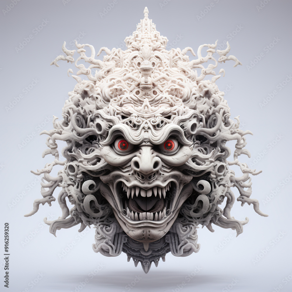 White Sculptural Demon Mask with Ferocious Expression and Intricate Detail. White Sculptural Demon Mask with Ferocious Expression and Intricate Detail.