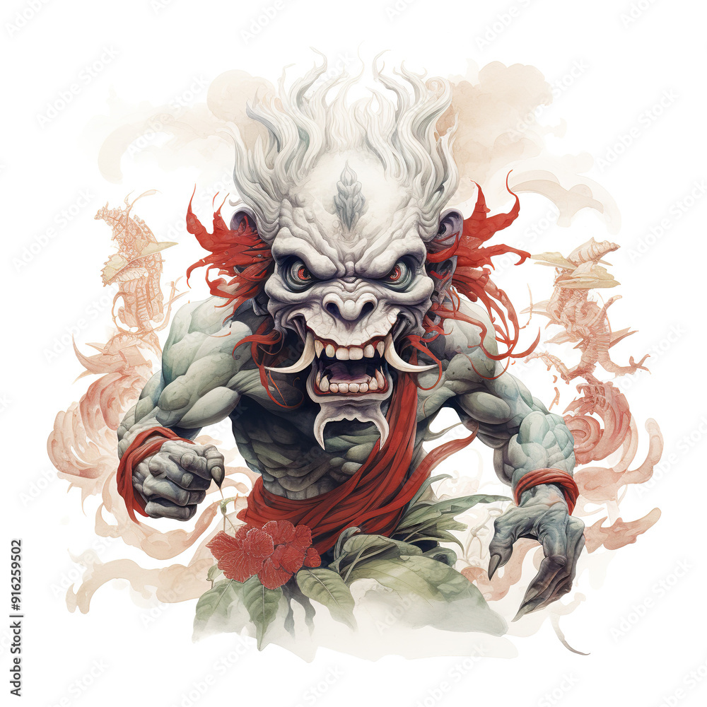 Naklejka premium Ferocious Demon with Red Accents and White Hair.