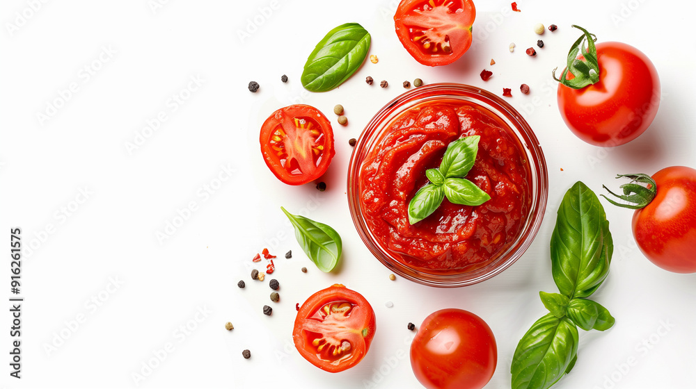 A smear of tomato paste mixed with chunks of vegetables, displaying an organic and pure texture on a clean white background, viewed from above, highlighting its rich, vibrant color.
A smear of tomato paste mixed with chunks of vegetables, displaying an organic and pure texture on a clean white background, viewed from above, highlighting its rich, vibrant color.