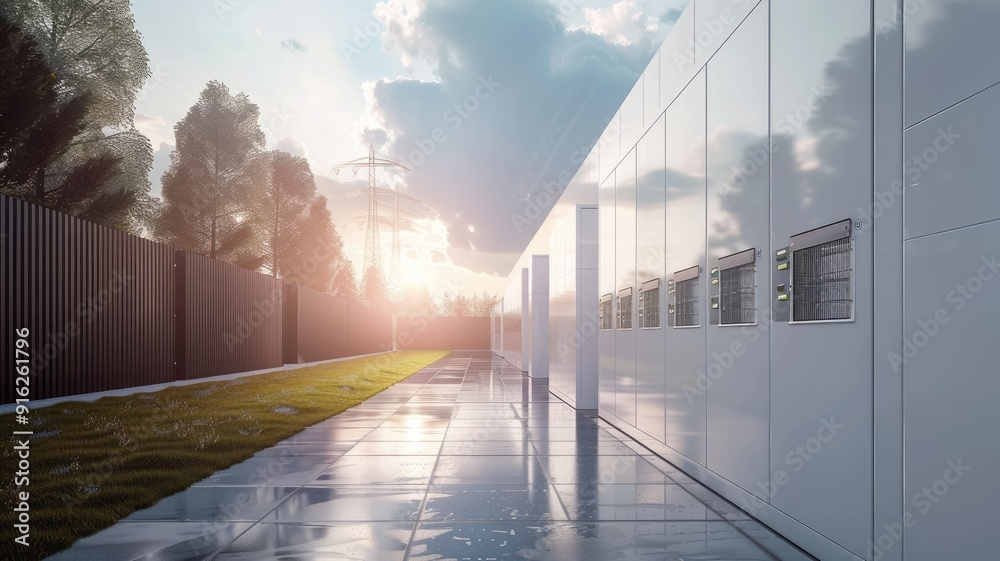Modern, outdoor data center with serene sky background