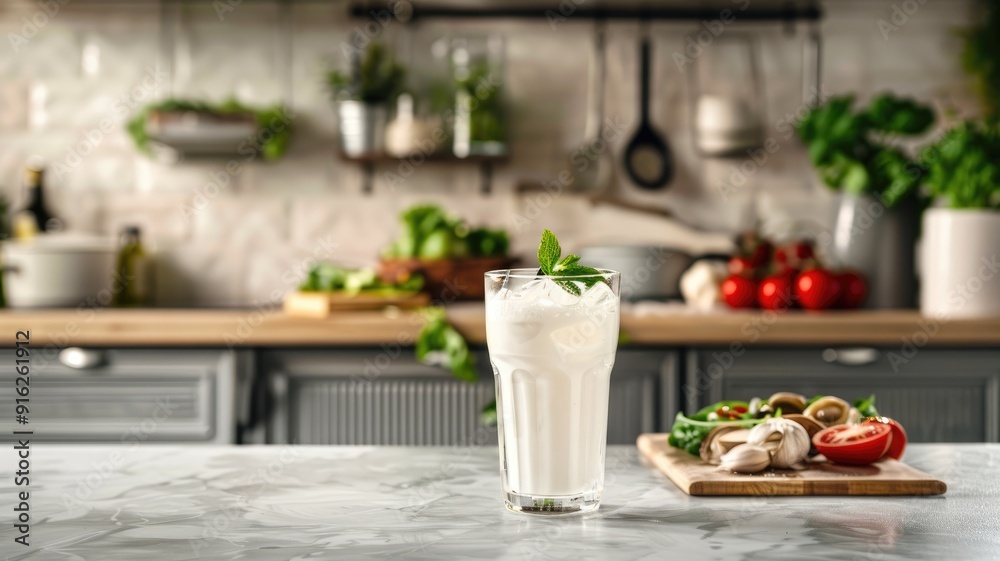 Refreshing white drink with mint leaves in kitchen setting near vegetables Refreshing white drink with mint leaves in kitchen setting near vegetables