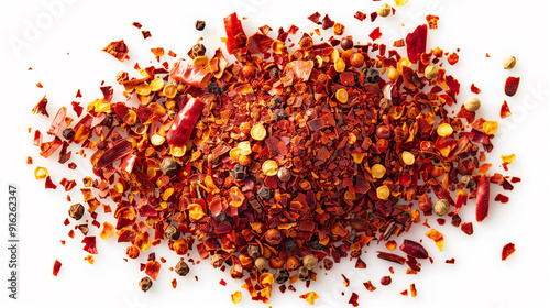 A collection of crushed red cayenne pepper, dried chili flakes, and ground paprika, arranged in piles on a clean white background, viewed from above to highlight their distinct textures and colors.