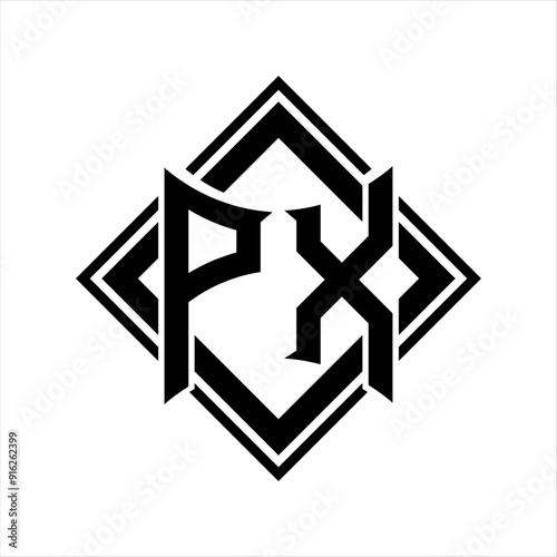 PX Letter logo with abstract shield shape with square black outline on white background design