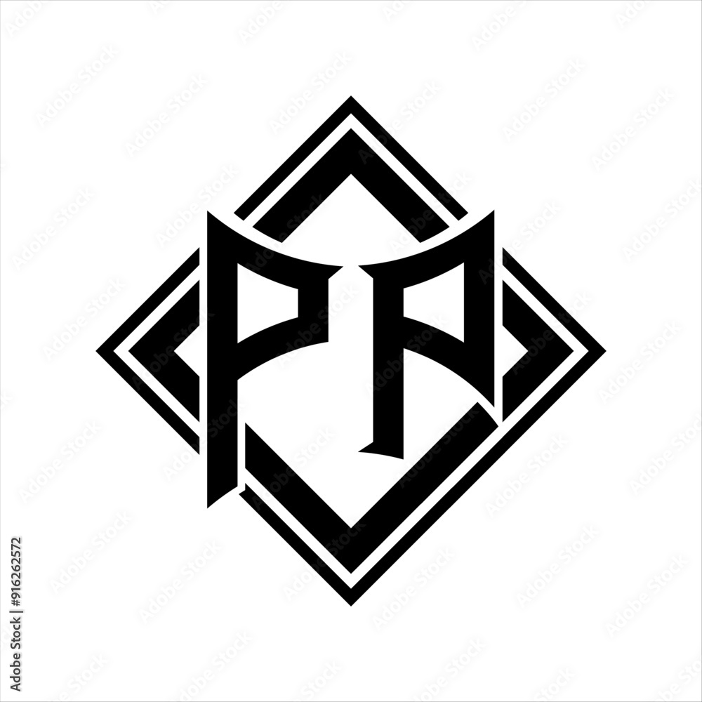 PP Letter logo with abstract shield shape with square black outline on white background design PP Letter logo with abstract shield shape with square black outline on white background design
