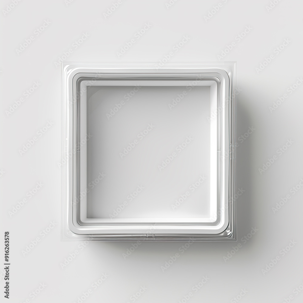 A Single, Square, Clear, and Chrome-Framed Display Case. A Single, Square, Clear, and Chrome-Framed Display Case.
