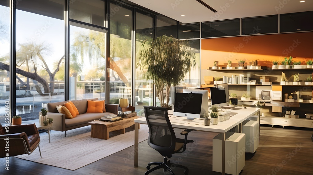 Fototapeta premium Luxurious home interior with open floor plan and ocean view