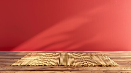 Wooden table with bamboo mat against red backdrop. Chinese New Year display mockup.