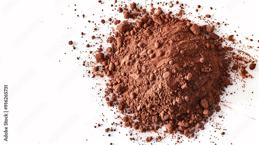 A mound of rich cocoa powder displayed on a clean white background, viewed from above, showcasing its fine, earthy texture.
A mound of rich cocoa powder displayed on a clean white background, viewed from above, showcasing its fine, earthy texture.