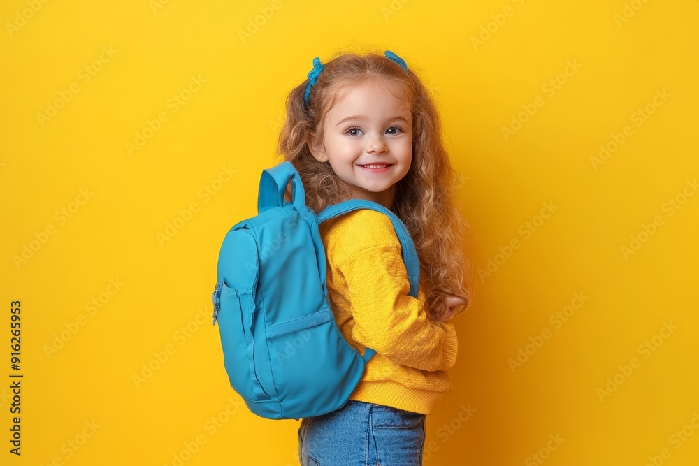 A 5-year-old girl with a blue backpack, smiling against a yellow background. Perfect for back-to-school and educational promotions. A 5-year-old girl with a blue backpack, smiling against a yellow background. Perfect for back-to-school and educational promotions.
