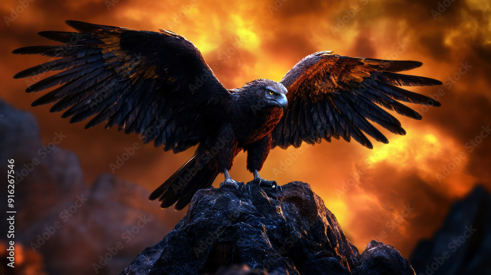 Fototapeta premium A large eagle is perched on a rock in front of a fiery sky. Concept of power and majesty, as the eagle stands tall and proud in its natural habitat