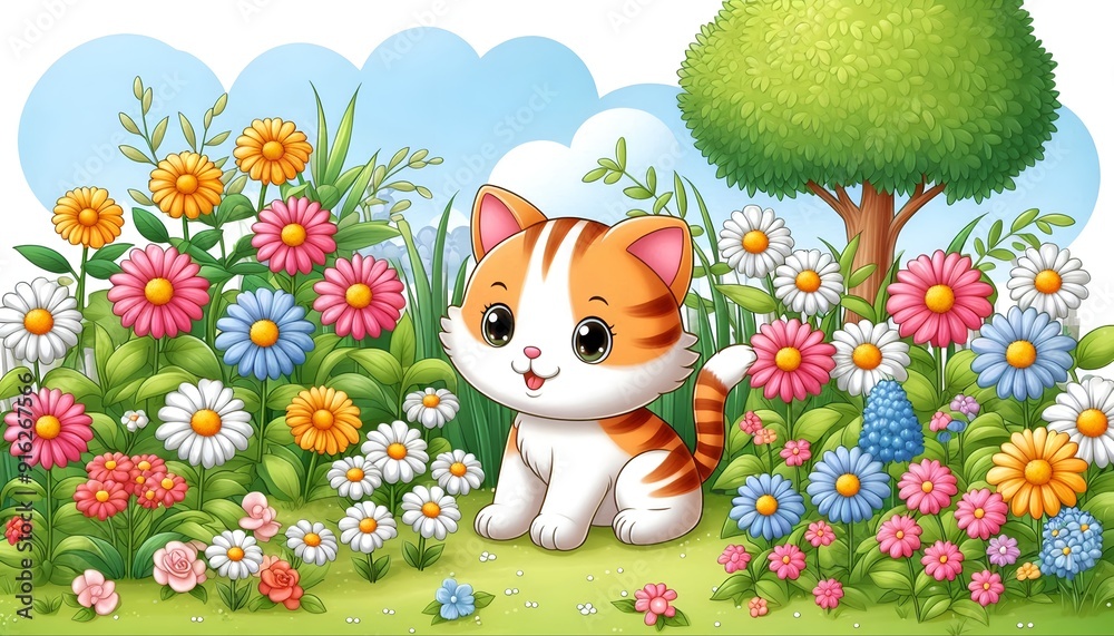 Fototapeta premium Cartoon image of a cute cat in a flower garden, white background 