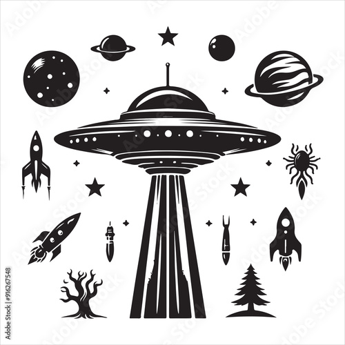 ufo Silhouette of spaceship, aliens vector set silhouette vector