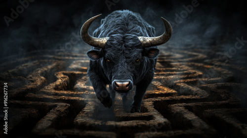 A bull is running through a maze. The image has a dark and mysterious mood, with the bull's horns and the maze's twists and turns creating a sense of danger and excitement