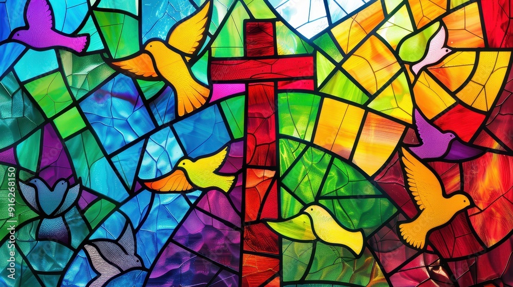 A stained glass window features a cross amidst colorful birds against a radiant backdrop A stained glass window features a cross amidst colorful birds against a radiant backdrop