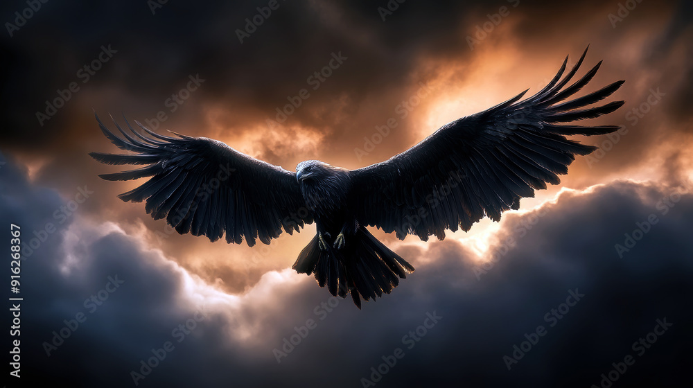 Fototapeta premium A black eagle is flying in the sky with a cloudy background. Scene is mysterious and powerful, as the eagle soars high above the clouds