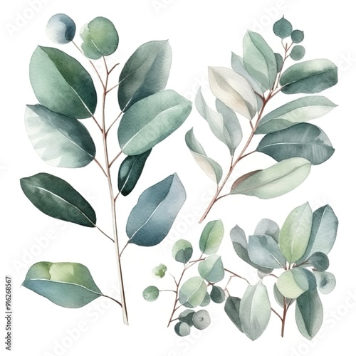 Watercolor painting of delicate eucalyptus leaves and branches.