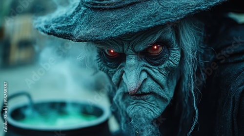 Close-up of a menacing witch with glowing red eyes, stirring a bubbling cauldron in a dark, eerie atmosphere.