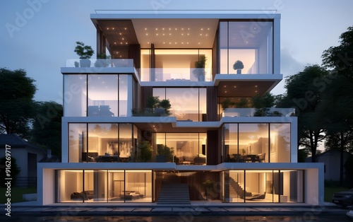 Sleek Modern Apartment Building with Large Glass Windows and Evening Illumination