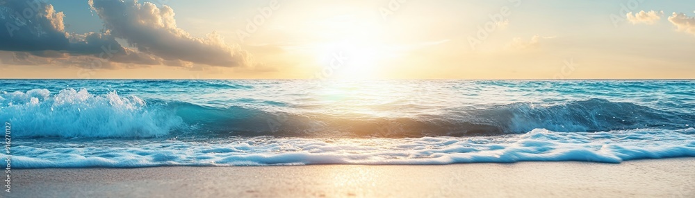 Fototapeta premium Beachfront with ocean waves blurred panoramic background