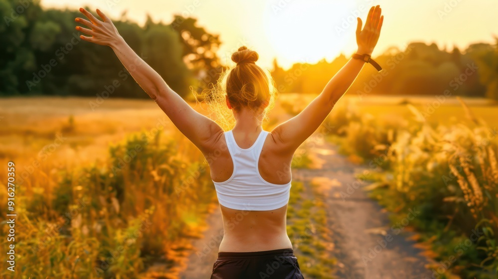 Woman enjoying the sunset with arms raised in a field Woman enjoying the sunset with arms raised in a field