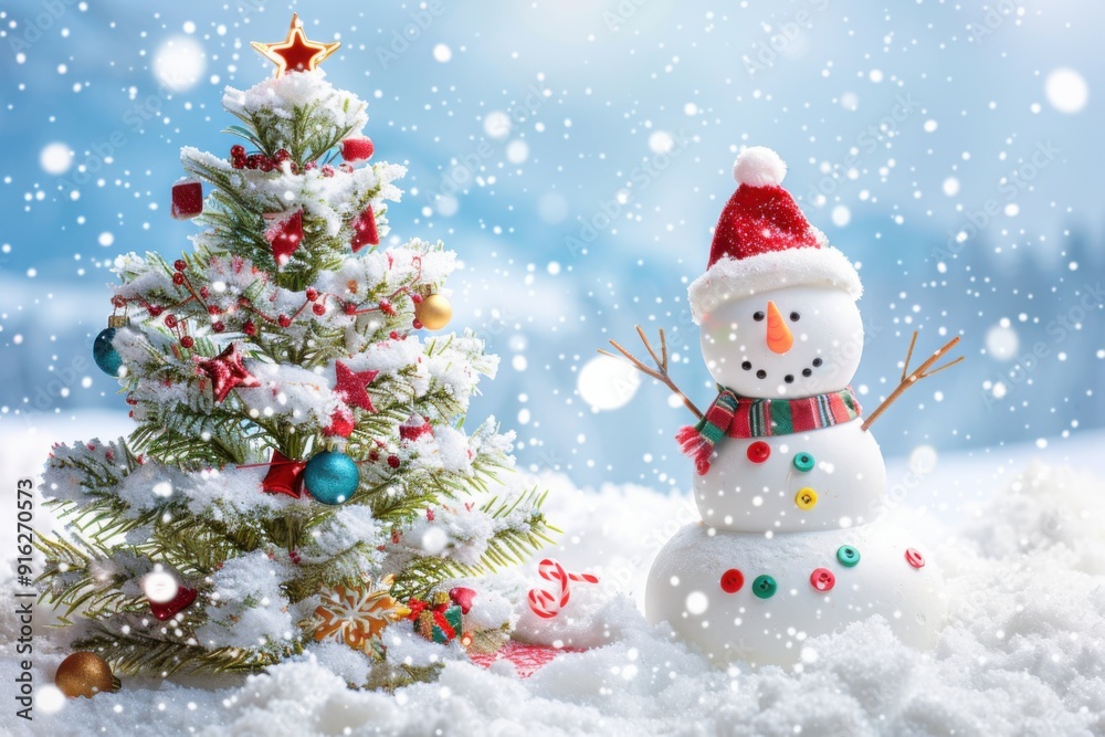 Charming Snowman with Festive Christmas Tree in a Snowy Winter Wonderland, Capturing the Joy and Magic of the Holiday Season Charming Snowman with Festive Christmas Tree in a Snowy Winter Wonderland, Capturing the Joy and Magic of the Holiday Season