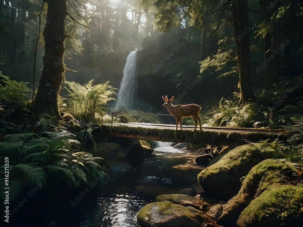 A deer walking over a bridge in the woods with a waterfall A deer walking over a bridge in the woods with a waterfall