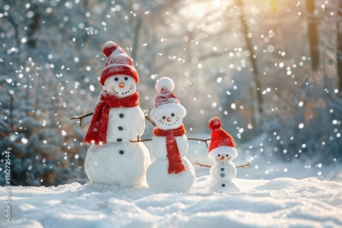 Cheerful Snowman Family with Santa Hats and Red Scarves Enjoying a Snowy Winter Wonderland in a Festive Holiday Scene