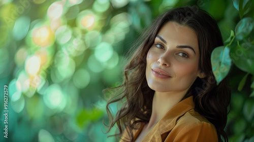 uma mulher pensativa em um fundo verde