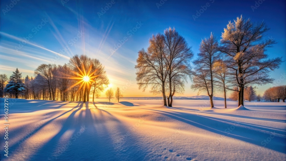 Snowy landscape with trees and bright sun in background , winter, snow, cold, trees, nature, sunny, sun, blue sky, peaceful Snowy landscape with trees and bright sun in background , winter, snow, cold, trees, nature, sunny, sun, blue sky, peaceful