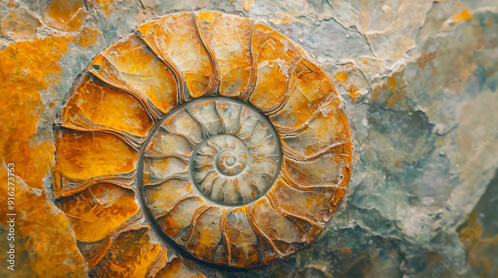 Close-up of fossilized ammonite shell in stone. .. Close-up of fossilized ammonite shell in stone. ..