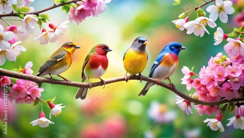 Fototapeta Naklejka Na Ścianę i Meble -  Bright and colorful spring scene with birds perched on blooming flowers , Spring, bird, flowers, sunny, vibrant, nature