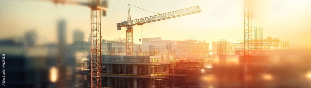 Construction site with cranes blurred panoramic background Construction site with cranes blurred panoramic background