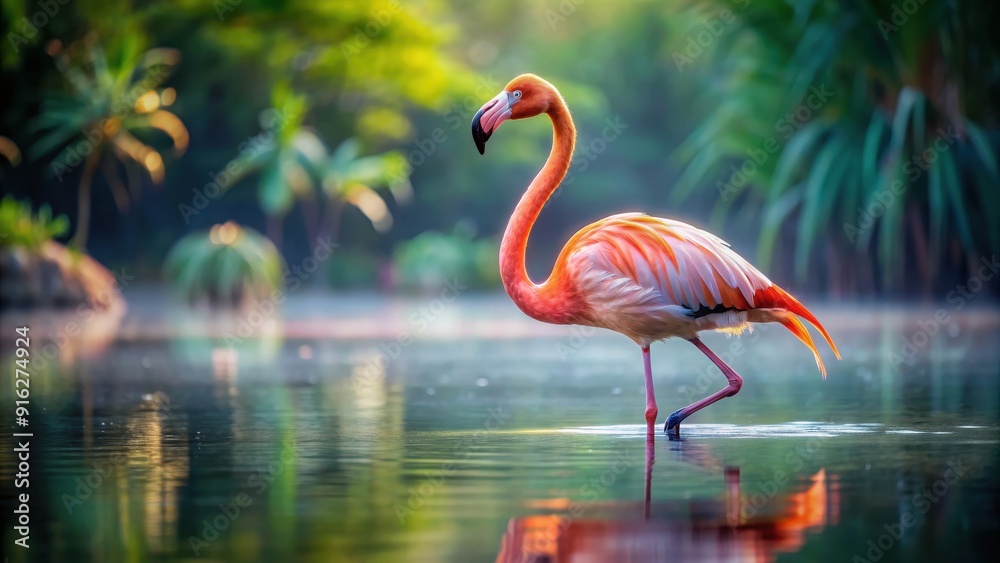 Fototapeta premium Majestic flamingo standing elegantly in the water , graceful, beauty, bird, wildlife, nature, pink, feathers, tropical, elegant