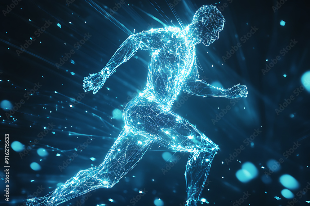 Fototapeta premium Abstract wireframe running man form lines and triangles, point connecting network