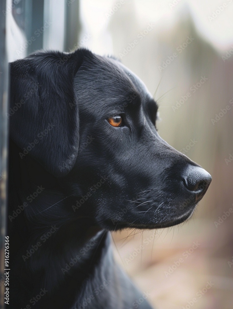 Close-Up of a Black Labrador Retriever with Thoughtful Expression in Natural Setting Close-Up of a Black Labrador Retriever with Thoughtful Expression in Natural Setting