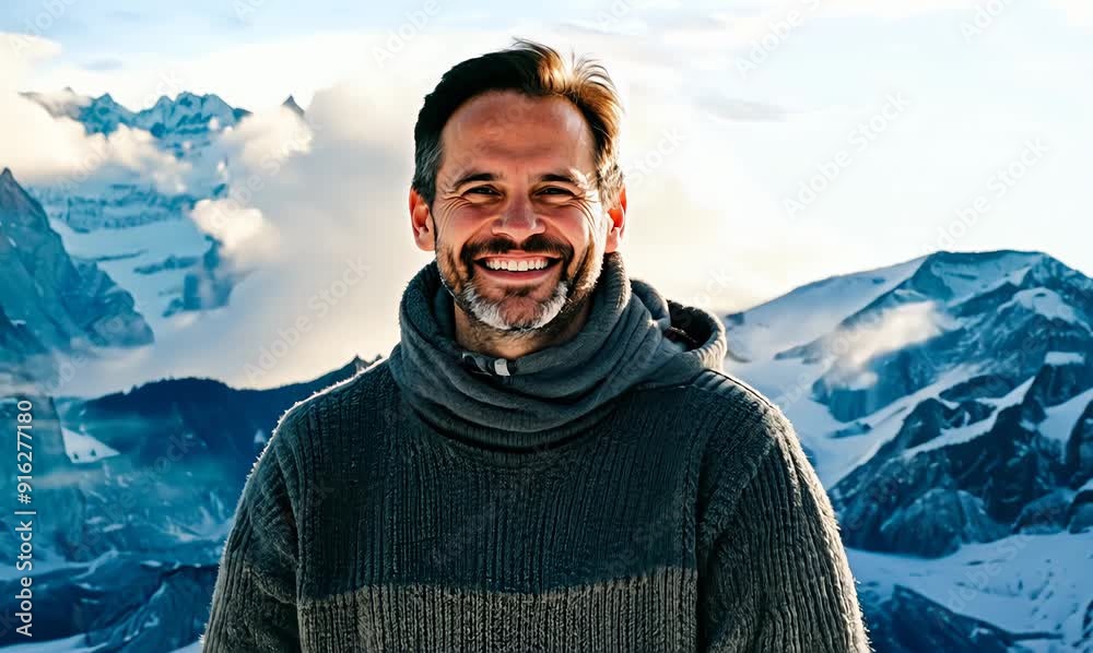 Full-length portrait video of a grinning man in his 40s wearing a cozy sweater against a snowy mountain peak or summit background