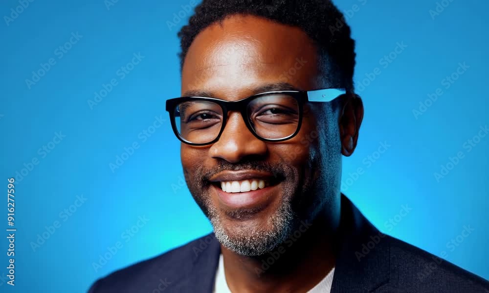 Portrait of smiling african-american man in glasses, isolated on blue background Portrait of smiling african-american man in glasses, isolated on blue background