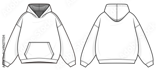 Hoodie with Full Sleeves technical fashion illustration. hoodie vector template illustration. front and back view. oversized. drop shoulder. unisex. white color. CAD mockup set.