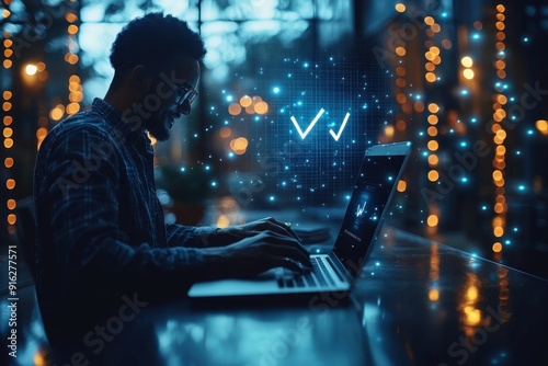 African American businessman using a laptop for digital counter signature and online document preservation on a virtual screen with check mark, set against a blue background with floating white icons 